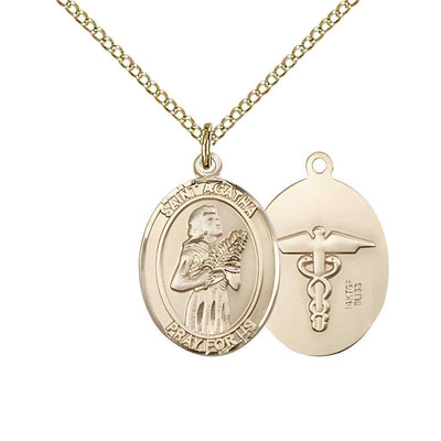 Medium St. Agatha with Medical Symbol on Back 14kt Gold-filled Oval Medal Pendant with Gold-filled Chain, Deluxe Gift Box