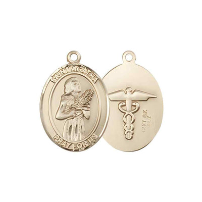 Medium St. Agatha with Medical Symbol on Back 14kt Gold Oval Medal Pendant, Deluxe Gift Box