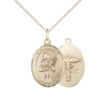 Medium St. Agatha with Medical Symbol on Back 14kt Gold Oval Medal Pendant with 14kt Gold Chain, Deluxe Gift Box