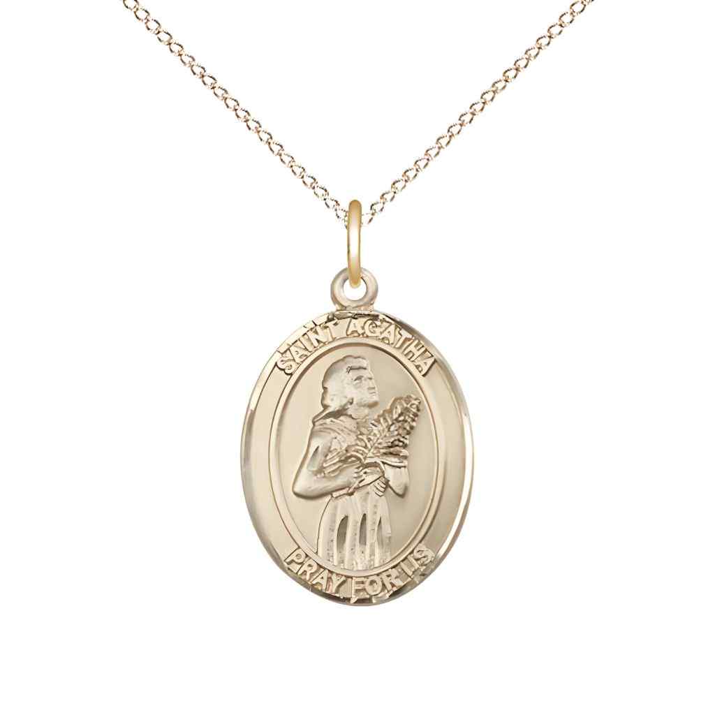 Medium St. Agatha 14kt Gold Oval Medal Pendant with 14kt Gold Chain, Deluxe Gift Box
