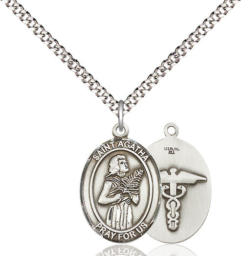 Sterling Silver St Agatha Nurse Pendant on a 18 inch Light Rhodium Light Curb Chain