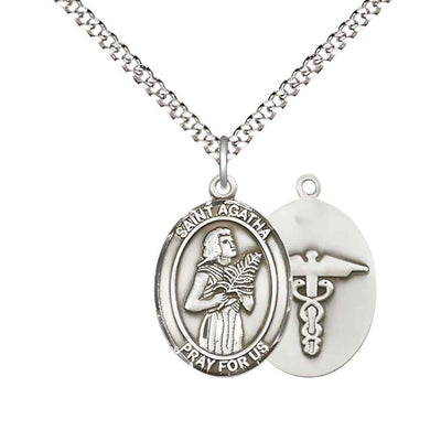 Medium St Agatha Catholic Patron Saint Pewter Medal with Nurse Symbol on back and chain, Bliss Manufacturing