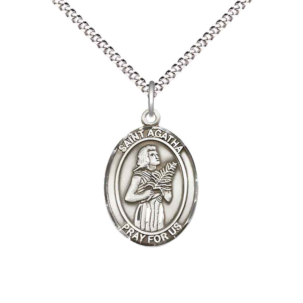Medium St. Agatha Pewter Oval Medal Pendant with Rhodium-plated Chain, Deluxe Gift Box
