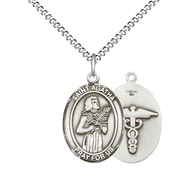 Medium St. Agatha with Medical Symbol on Back Sterling Silver Oval Medal Pendant with Rhodium-plated Chain, Deluxe Gift Box