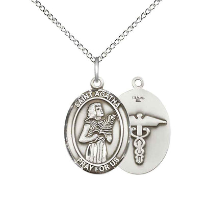 Medium St. Agatha with Medical Symbol on Back Sterling Silver Oval Medal Pendant with Sterling Silver Chain, Deluxe Gift Box