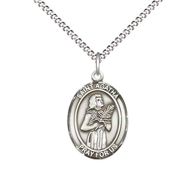 Medium St. Agatha Sterling Silver Oval Medal Pendant with Rhodium-plated Chain, Deluxe Gift Box