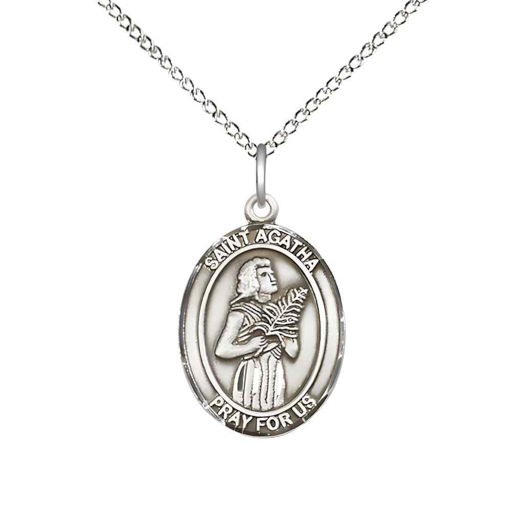 Medium St. Agatha Sterling Silver Oval Medal Pendant with Sterling Silver Chain, Deluxe Gift Box
