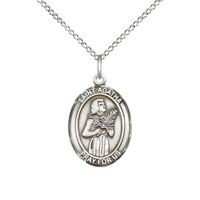Medium St. Agatha Sterling Silver Oval Medal Pendant with Sterling Silver Chain, Deluxe Gift Box