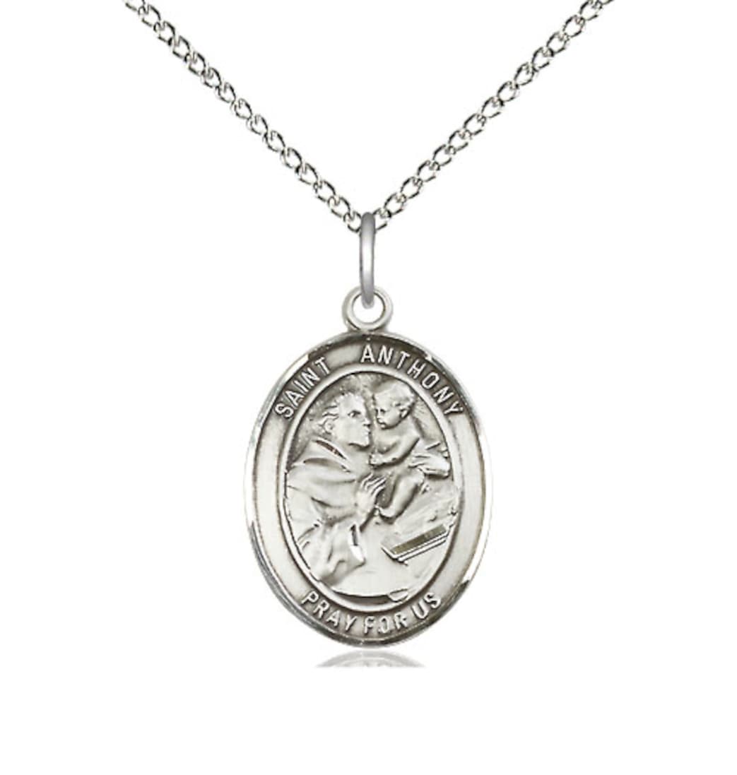 Bliss St Anthony of Padua Sterling Silver Oval Engravable Medium Medal Necklace with Sterling Chain,