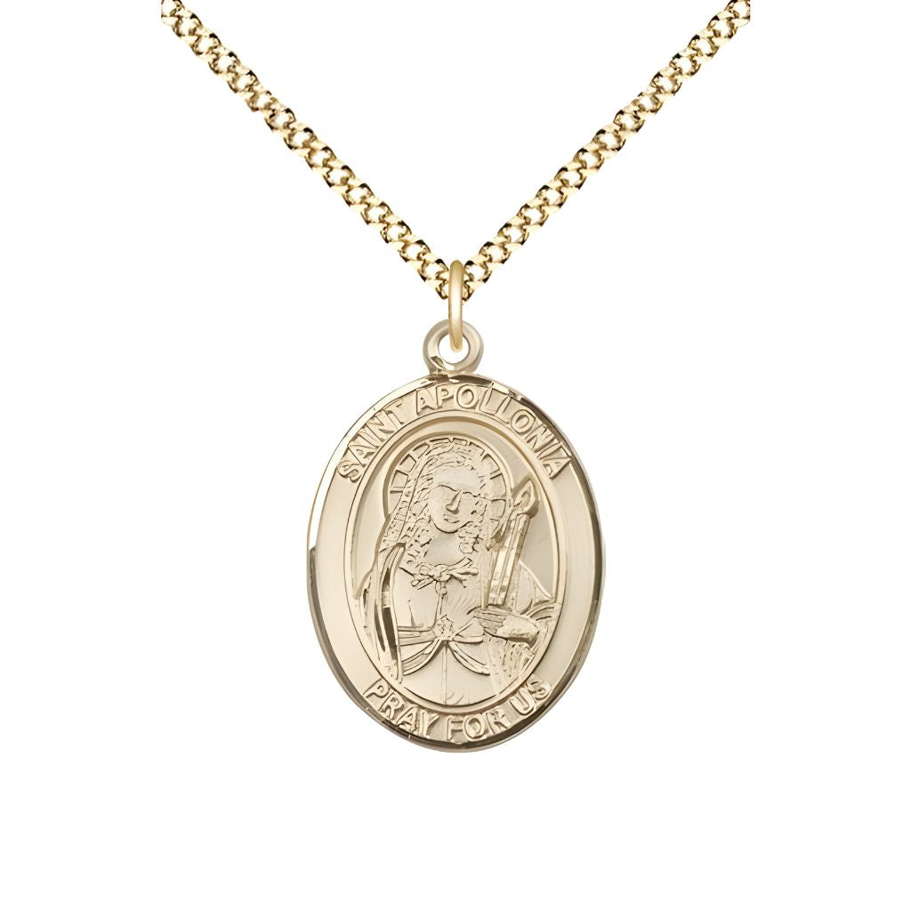 Bliss St. Apollonia of Alexandria 14kt Gold-filled Oval Medal Pendant with Gold-plated Chain, Measures 3/4-inch tall by 1/2-inch wide. Deluxe Gift Box.