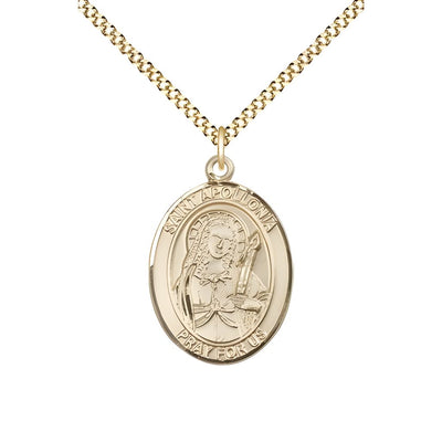 St. Apollonia of Alexandria 14kt Gold-filled Oval Medal Pendant with Gold-plated Chain, Measures 3/4-inch tall by 1/2-inch wide. Deluxe Gift Box, Bliss Manufacturing