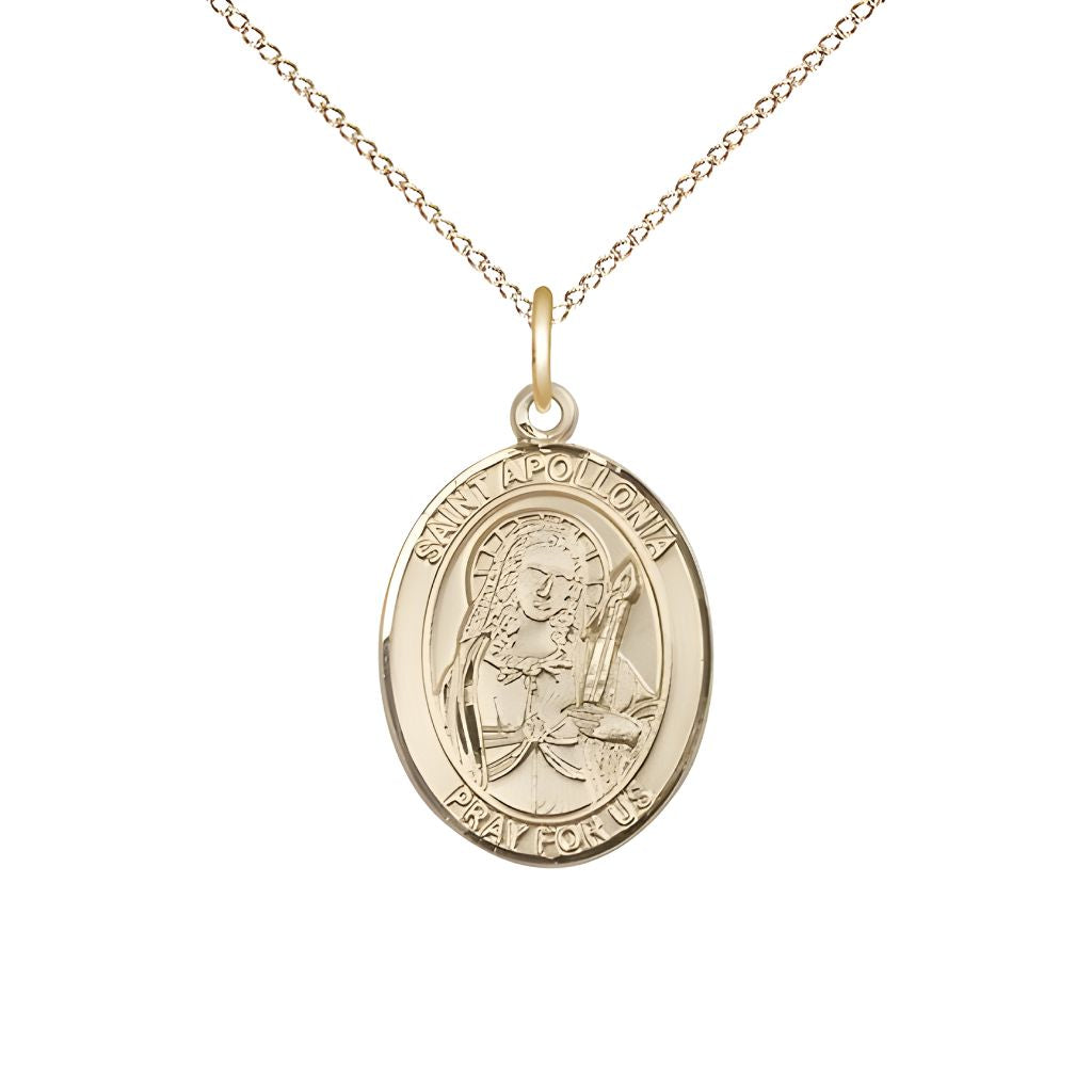 Bliss St. Apollonia of Alexandria 14kt Gold-filled Oval Medal Pendant with Gold-filled Chain, Measures 3/4-inch tall by 1/2-inch wide. Deluxe Gift Box.