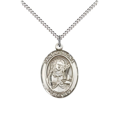 St. Apollonia of Alexandria Pewter Oval Medal Pendant with Rhodium-plated Chain, Measures 3/4-inch tall by 1/2-inch wide. Deluxe Gift Box, Bliss Manufacturing