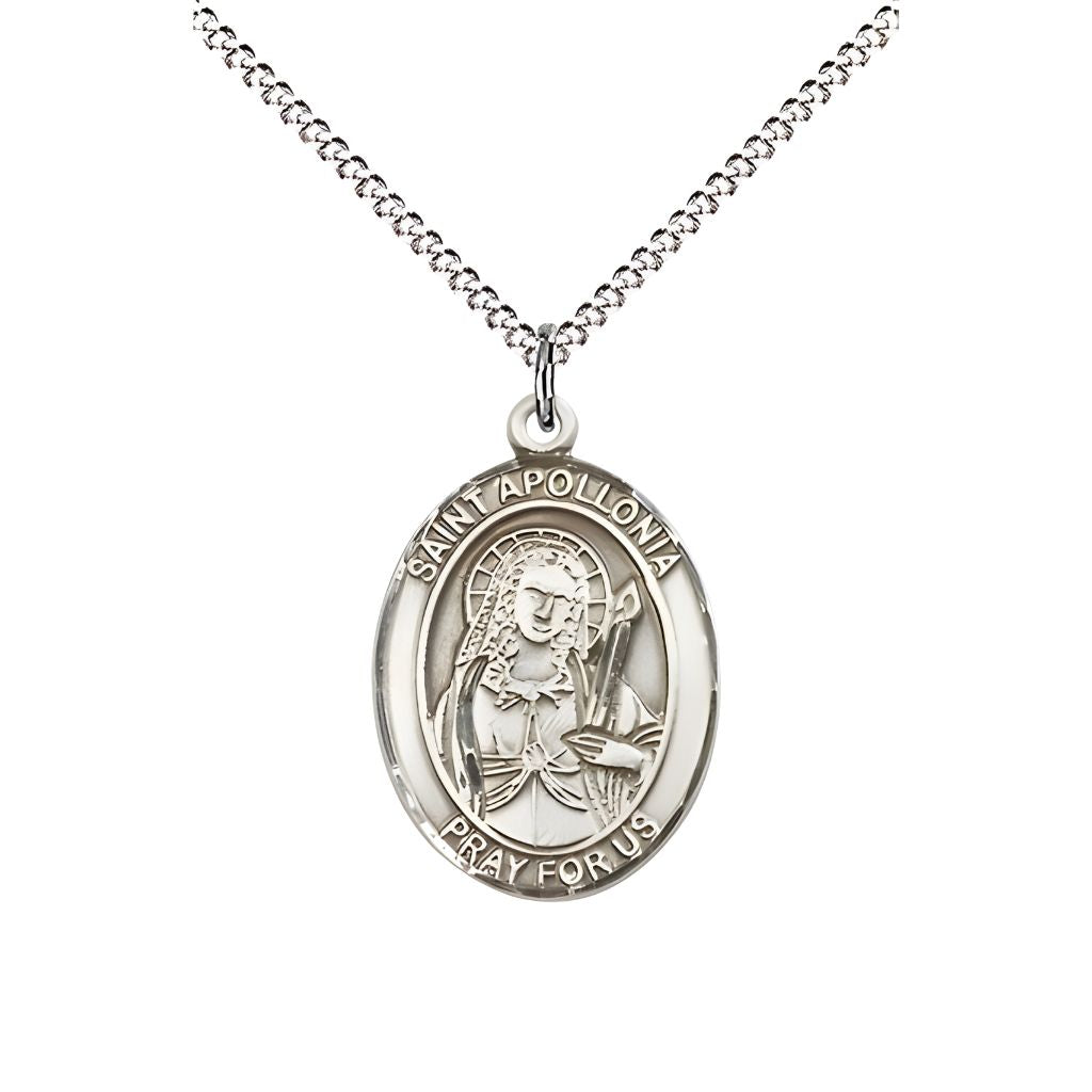 Bliss St. Apollonia of Alexandria Sterling Silver Oval Medal Pendant with Rhodium-plated Chain, Measures 3/4-inch tall by 1/2-inch wide. Deluxe Gift Box.