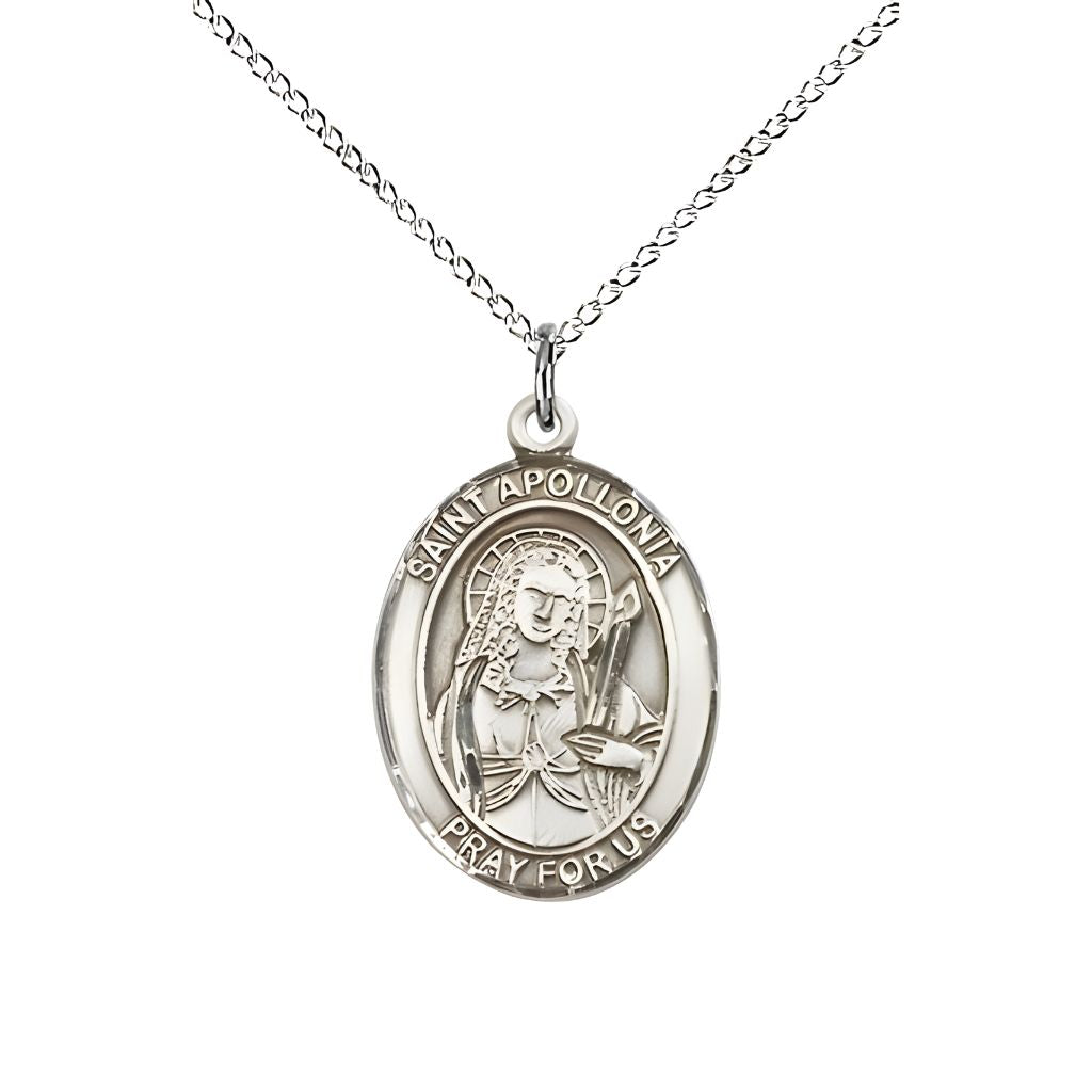 Bliss St. Apollonia of Alexandria Sterling Silver Oval Medal Pendant with Sterling Silver Chain, Measures 3/4-inch tall by 1/2-inch wide. Deluxe Gift Box.