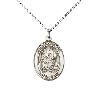 St. Apollonia of Alexandria Sterling Silver Oval Medal Pendant with Sterling Silver Chain, Measures 3/4-inch tall by 1/2-inch wide. Deluxe Gift Box, Bliss Manufacturing