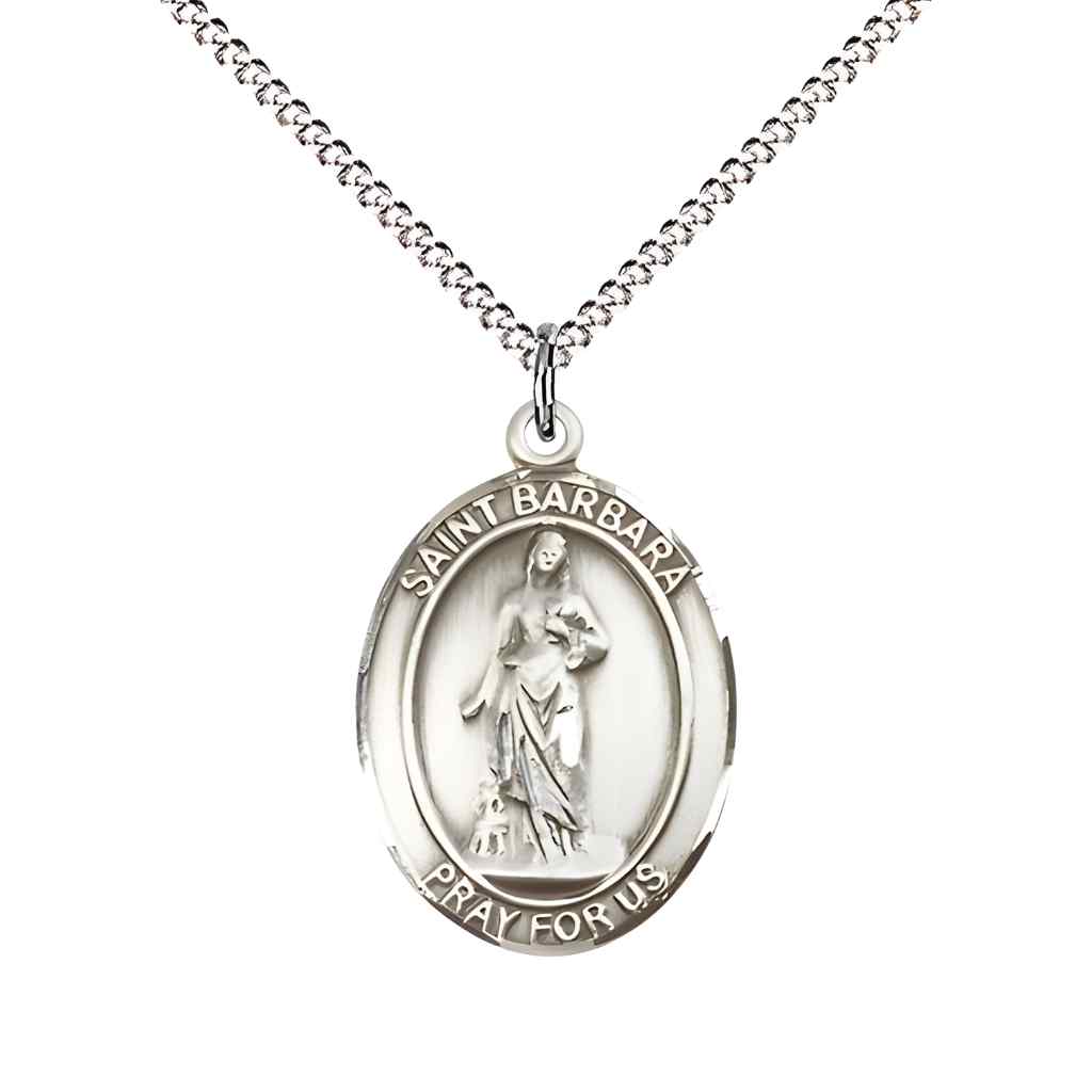Medium Saint Barbara Pewter Oval Medal Pendant with 18" Rhodium-plated Curb Chain in Deluxe Gift Box | Bliss Manufacturing