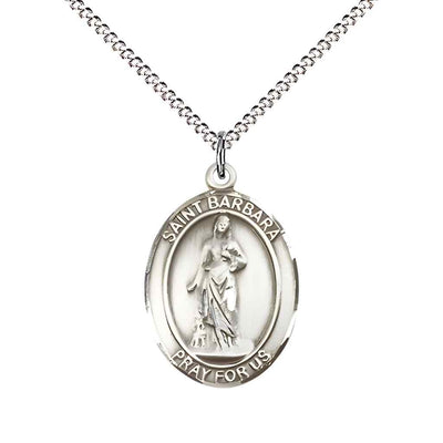 Medium Saint Barbara Pewter Oval Medal Pendant with 18" Rhodium-plated Curb Chain in Deluxe Gift Box | Bliss Manufacturing