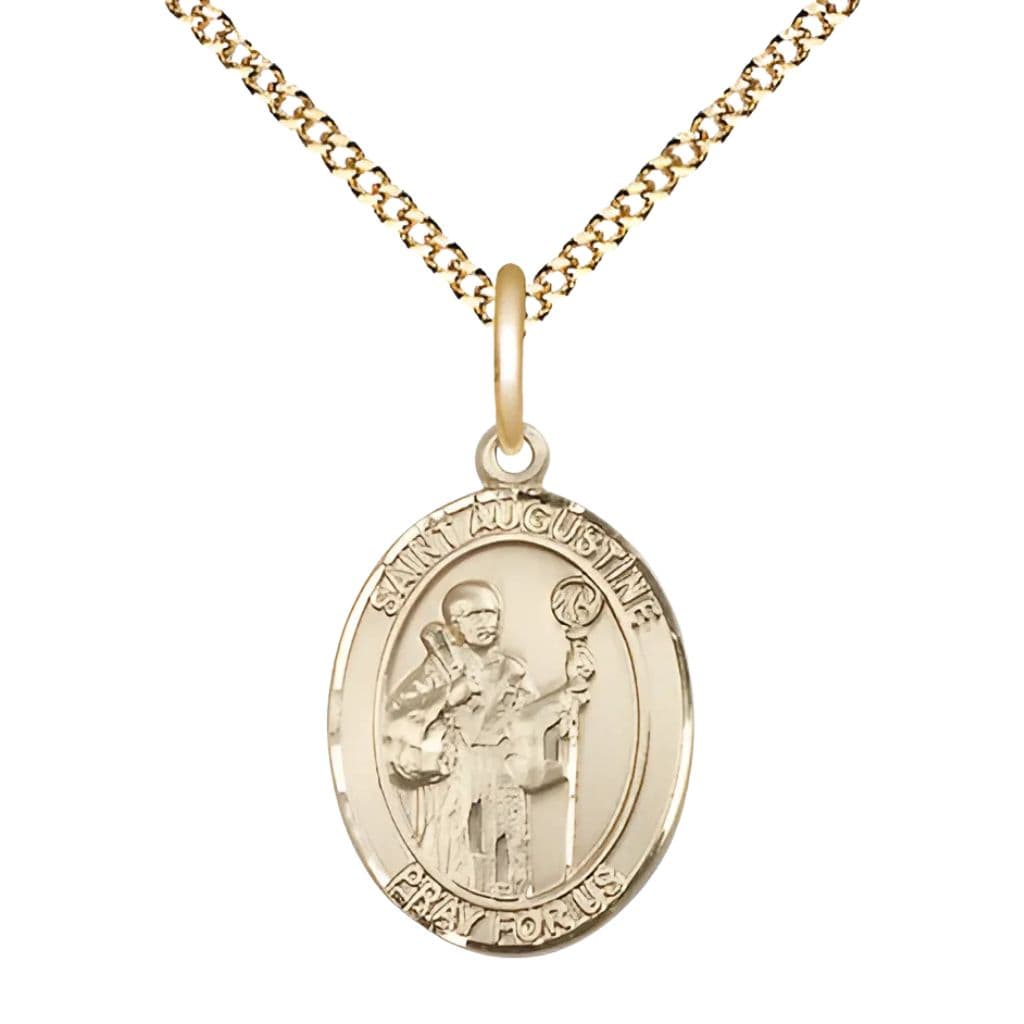 St. Augustine of Canterbury 14kt Gold-filled Oval Engravable Medal Necklace with Gold-plated Chain, 3/4-inch,