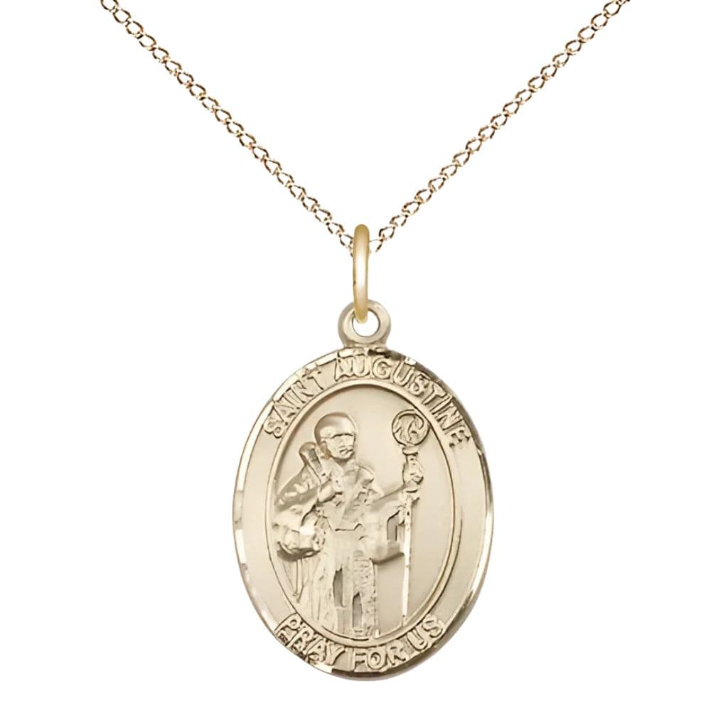 St. Augustine of Canterbury 4kt Gold Oval Medal with 14kt Gold Chain, 3/4-inch, Made in USA,