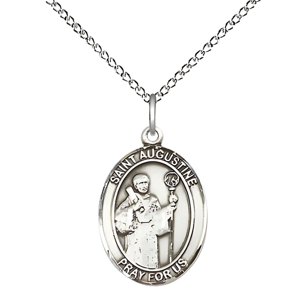 Bliss St. Augustine of Canterbury Sterling Silver Oval Engravable Medal Necklace with Sterling Silver Chain, 3/4-inch,