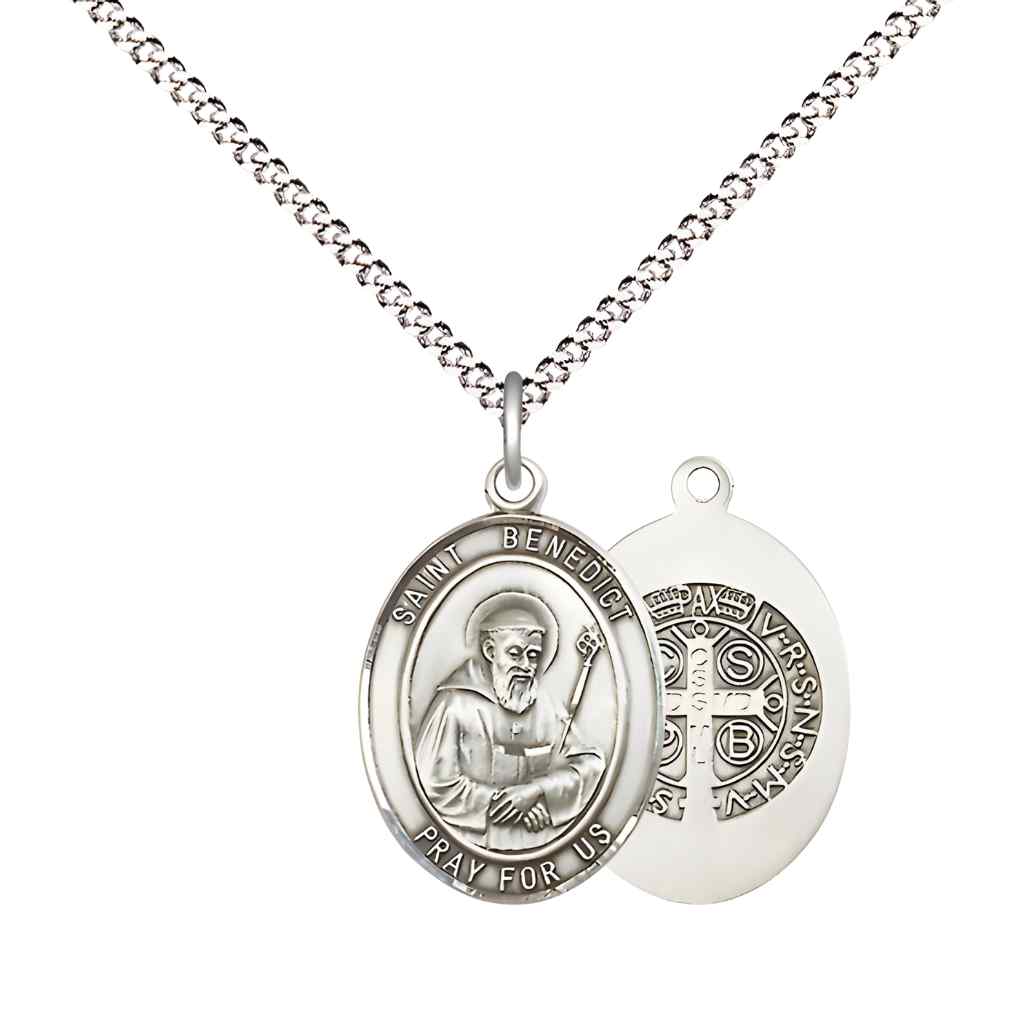 Medium Saint Benedict Pewter Oval Medal Pendant with 18" Rhodium-plated Curb Chain in Deluxe Gift Box | Bliss Manufacturing