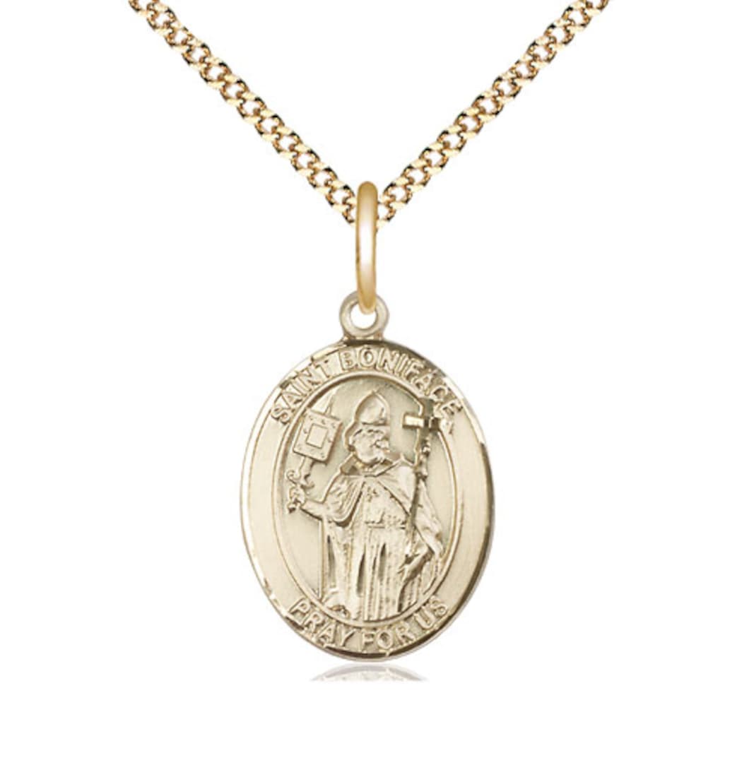 Medium Bliss St Boniface Gold-filled Oval Engravable Saint Medal Necklace wit Plated Chain,