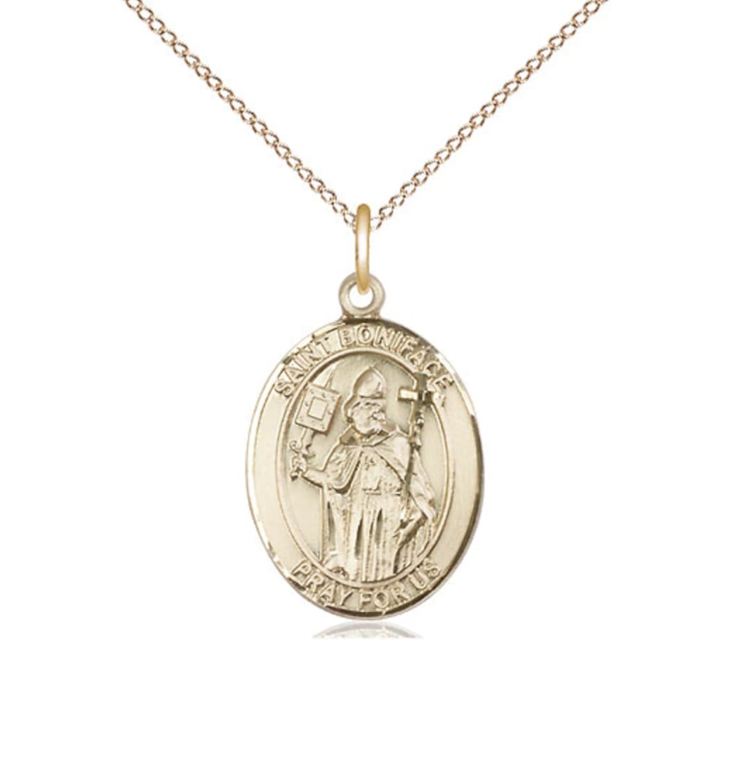 Medium Bliss St Boniface Gold-filled Oval Engravable Saint Medal Necklace wit Gold Filled Chain,