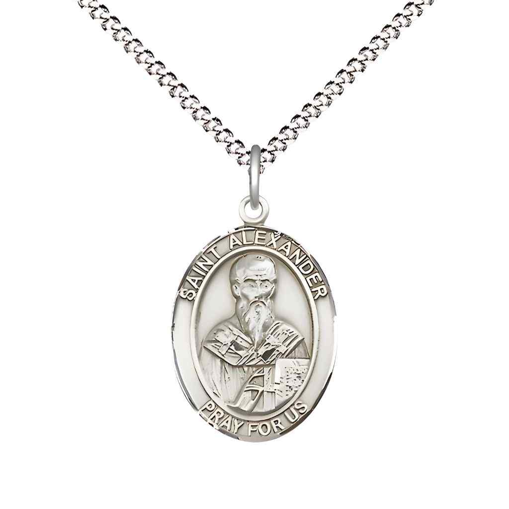 Medium Saint Alexander Constantinople Pewter Oval Medal Pendant with 18" Rhodium-plated Curb Chain with Deluxe Gift Box | Bliss Manufacturing
