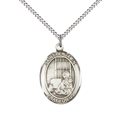Medium Saint Benjamin Pewter Oval Medal Pendant with 18" Rhodium-plated Curb Chain in Deluxe Gift Box | Bliss Manufacturing