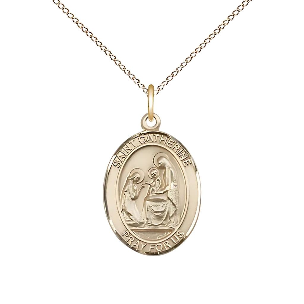 Bliss St. Catherine of Siena 14kt Gold Oval Medal Pendant with 14kt Gold Chain, Measures 3/4-inch tall by 1/2-inch wide.