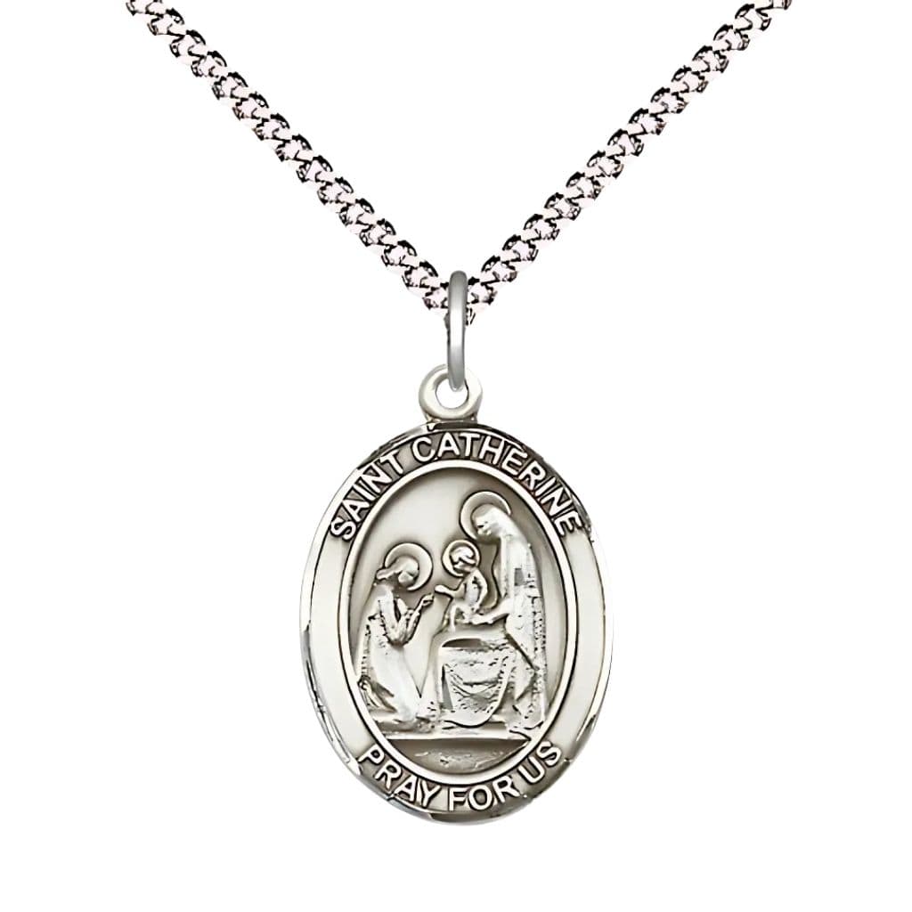 Bliss St. Catherine of Siena Pewter Oval Medal Pendant with Rhodium-plated Chain, Measures 3/4-inch tall by 1/2-inch wide.