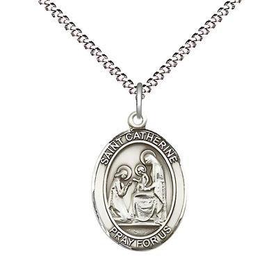 St. Catherine of Siena Pewter Oval Medal Pendant with Rhodium-plated Chain, Measures 3/4-inch tall by 1/2-inch wide, Bliss Manufacturing