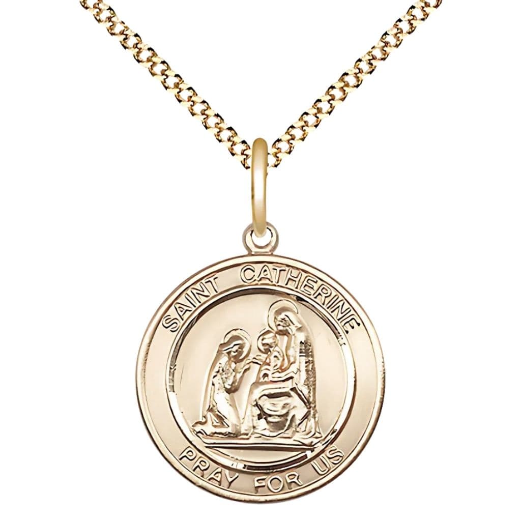 Bliss St. Catherine of Siena 14kt Gold-filled Round Medal Pendant with Gold-plated Chain, Measures 3/4-inch tall by 5/8-inch wide.