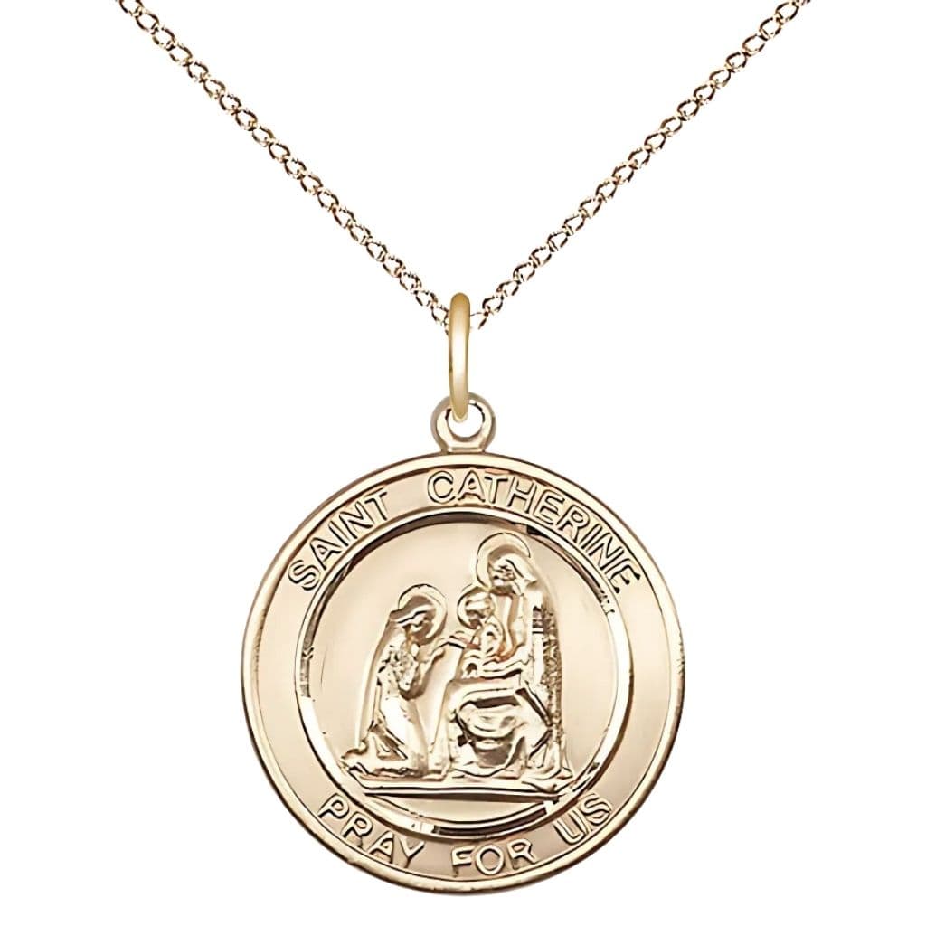 Bliss St. Catherine of Siena 14kt Gold-filled Round Medal Pendant with Gold-filled Chain, Measures 3/4-inch tall by 5/8-inch wide.