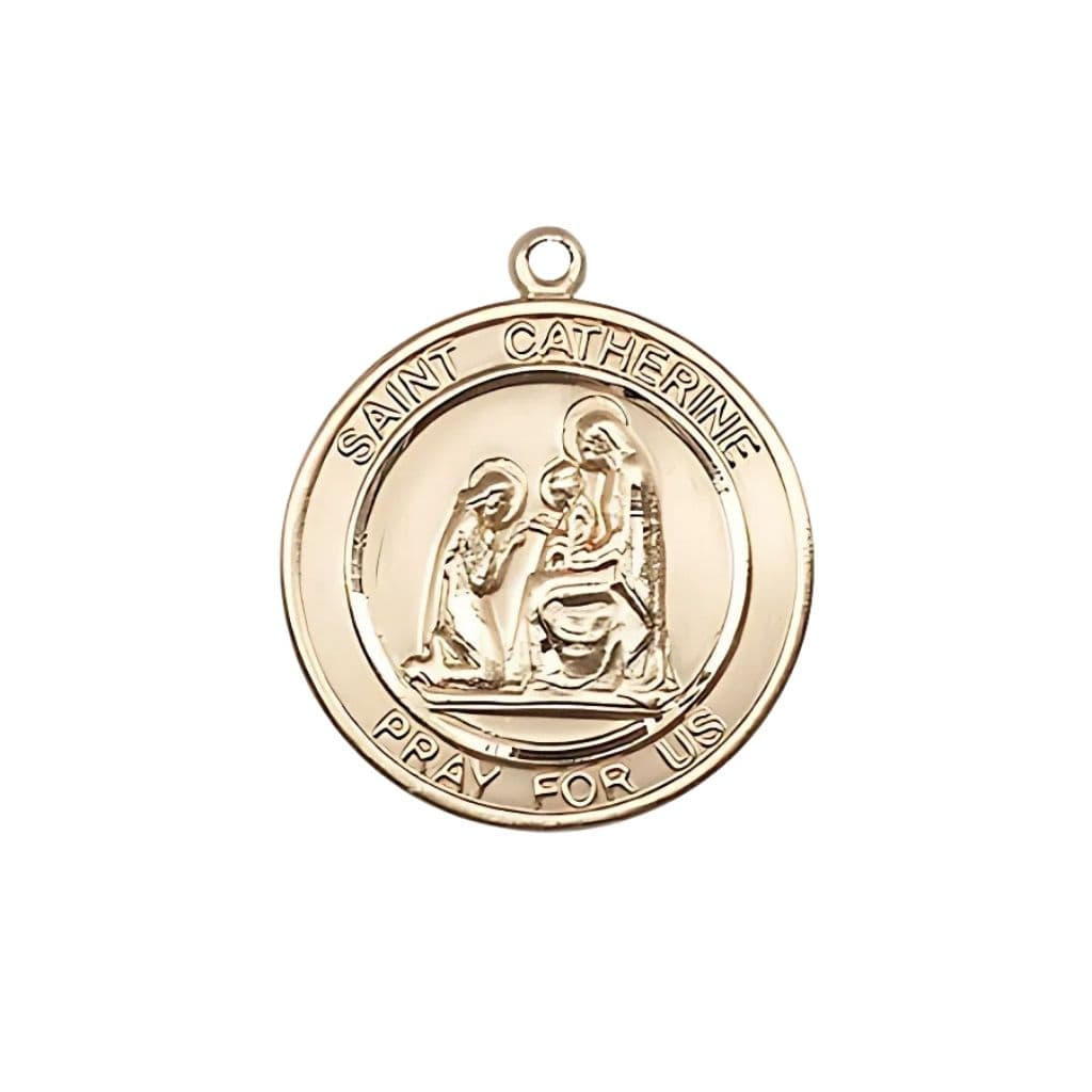 Bliss St. Catherine of Siena 14kt Gold Round Medal Pendant, Measures 3/4-inch tall by 5/8-inch wide.