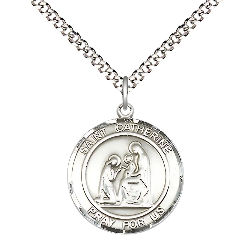 Bliss St. Catherine of Siena Sterling Silver Round Medal Pendant with Rhodium-plated Chain, Measures 3/4-inch tall by 5/8-inch wide.