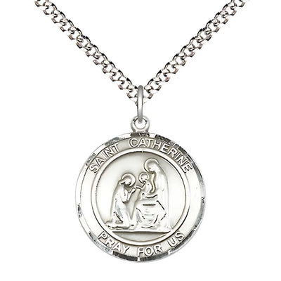 St. Catherine of Siena Sterling Silver Round Medal Pendant with Rhodium-plated Chain, Measures 3/4-inch tall by 5/8-inch wide, Bliss Manufacturing