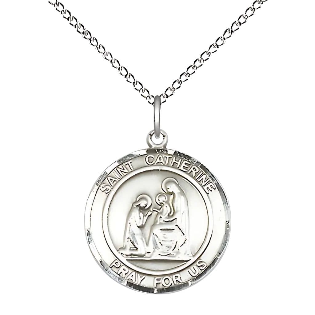 Bliss St. Catherine of Siena Sterling Silver Round Medal Pendant with Sterling Silver Chain, Measures 3/4-inch tall by 5/8-inch wide.