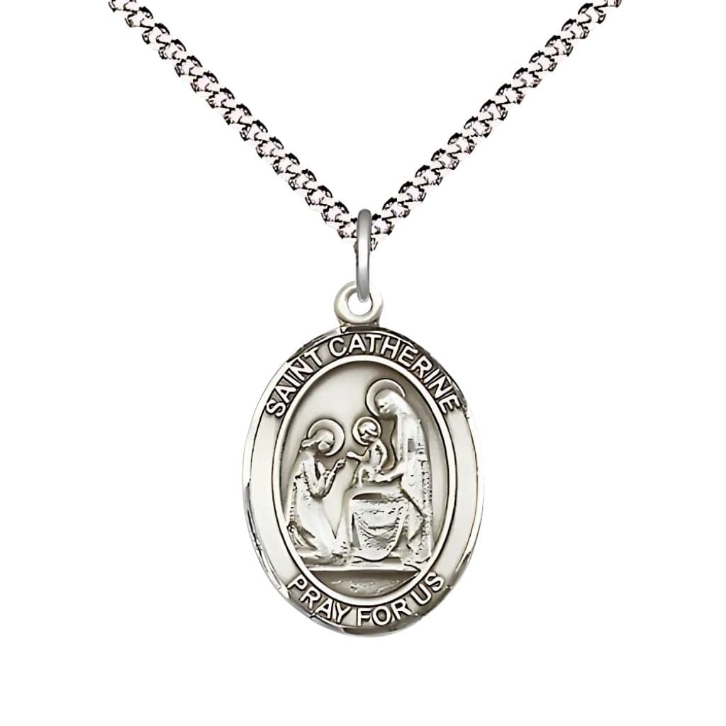 Bliss St. Catherine of Siena Sterling Silver Oval Medal Pendant with Rhodium-plated Chain, Measures 3/4-inch tall by 1/2-inch wide.