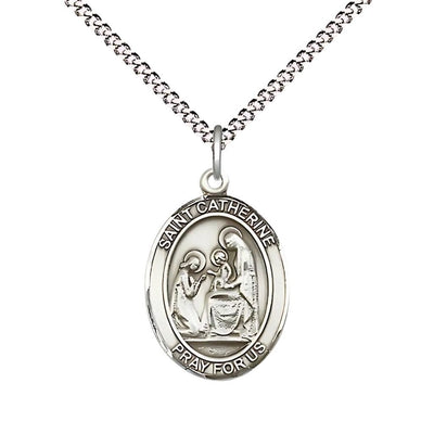 St. Catherine of Siena Sterling Silver Oval Medal Pendant with Rhodium-plated Chain, Measures 3/4-inch tall by 1/2-inch wide, Bliss Manufacturing