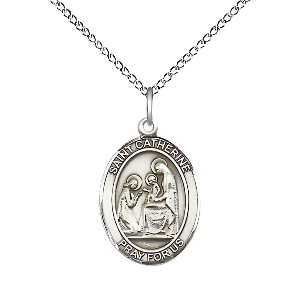 Bliss St. Catherine of Siena Sterling Silver Oval Medal Pendant with Sterling Silver Chain, Measures 3/4-inch tall by 1/2-inch wide.