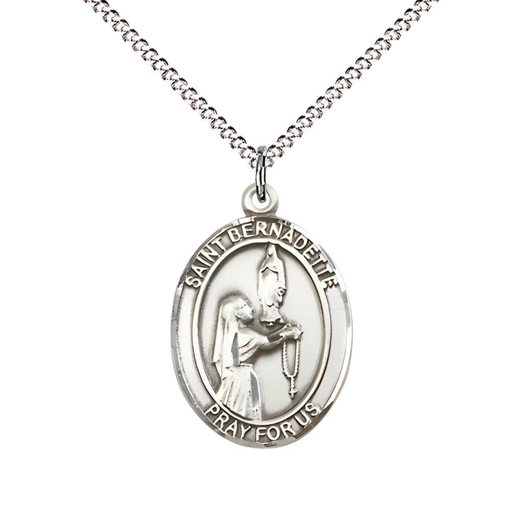 Medium Saint Bernadette Pewter Oval Medal Pendant with 18" Rhodium-plated Curb Chain in Deluxe Gift Box | Bliss Manufacturing