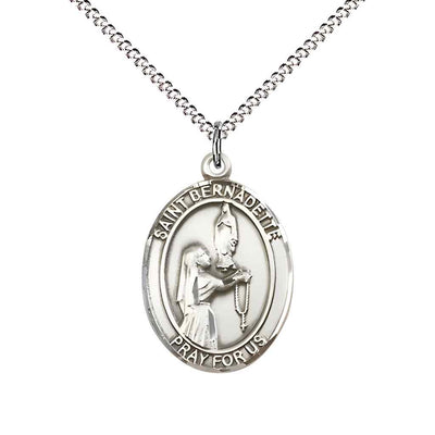 Medium Saint Bernadette Pewter Oval Medal Pendant with 18" Rhodium-plated Curb Chain in Deluxe Gift Box | Bliss Manufacturing