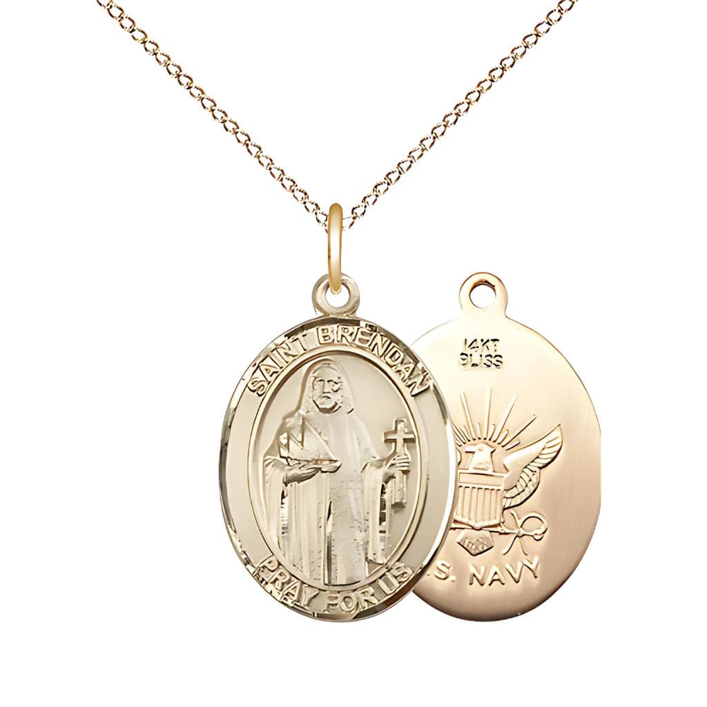 St. Brendan 14kt Gold Oval Medal with 14kt Gold Chain, 3/4-inch, Made in USA by Bliss,