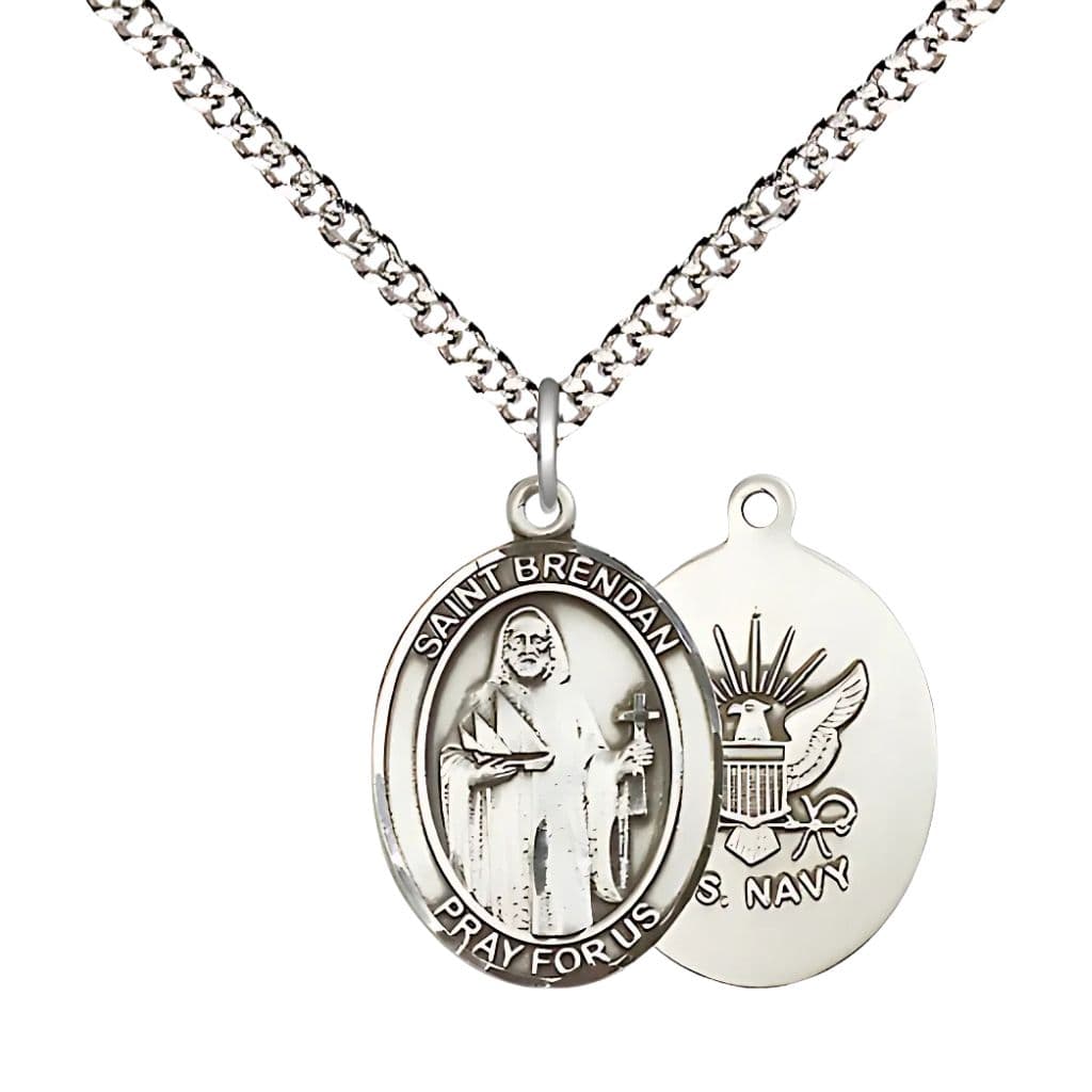 Bliss Navy St. Brendan Pewter Oval Medal Necklace with Chain, 3/4-inch,