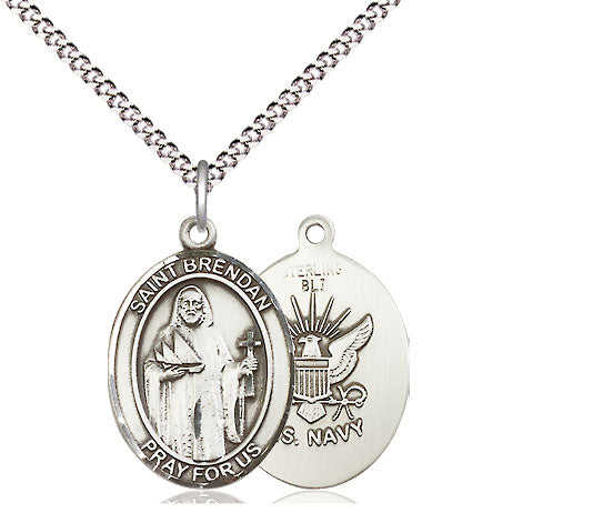 Sterling Silver St Brendan Navy Pendant on a 18 inch Light Rhodium Light Curb Chain