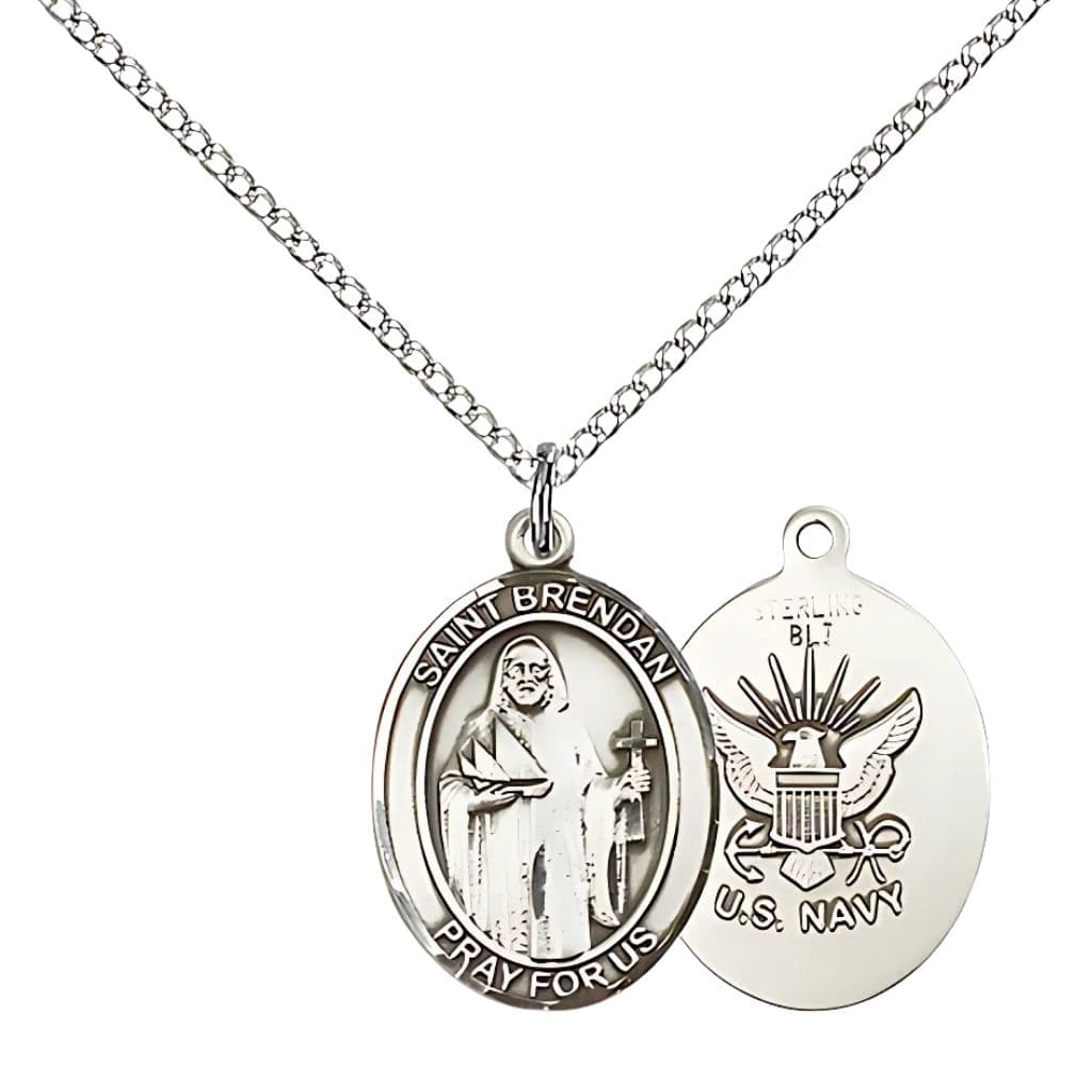 Bliss Navy St. Brendan Sterling Silver Oval Medal Necklace with Sterling Silver Chain, 3/4-inch,