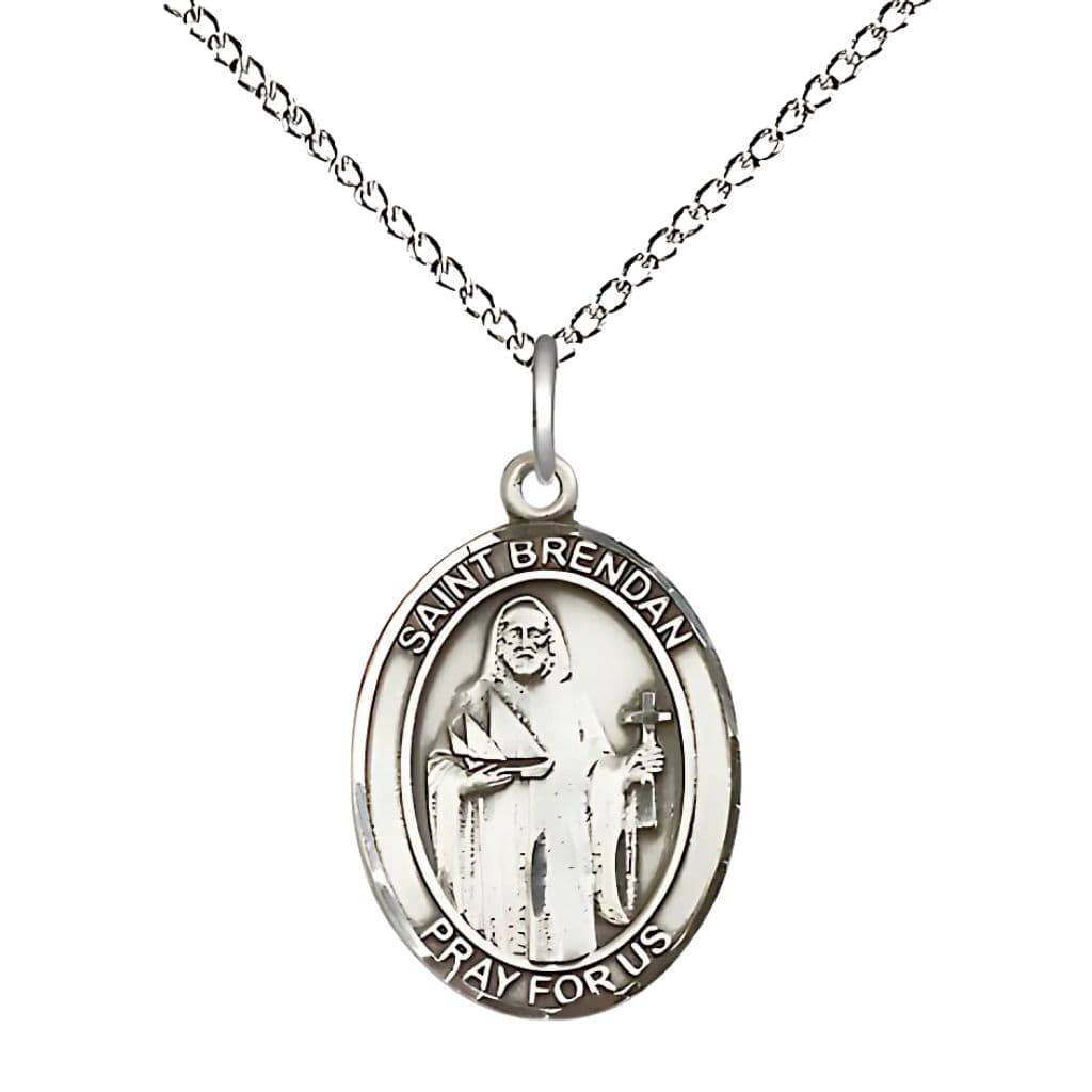 St. Brendan Sterling Silver Oval Engravable Medal Necklace with Sterling Silver Chain, 3/4-inch,
