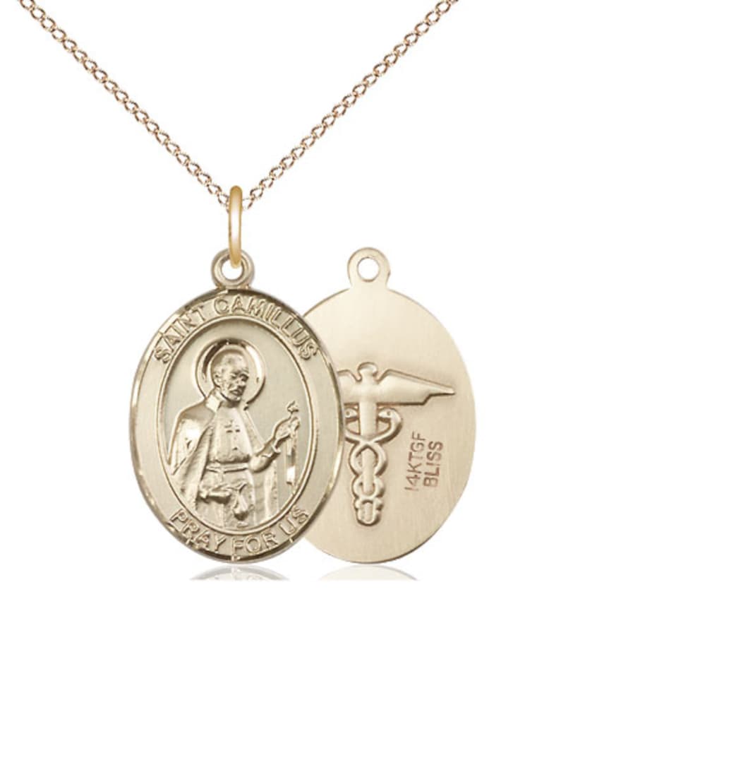 Bliss Medium St Camillus of Lellis with Nurse Symbol Gold-filled Medal with Gold-filled Chain,